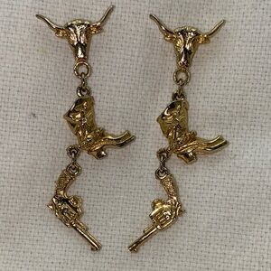Vintage Gold Western Theme Bull Boots and Revolver Dangle Earrings